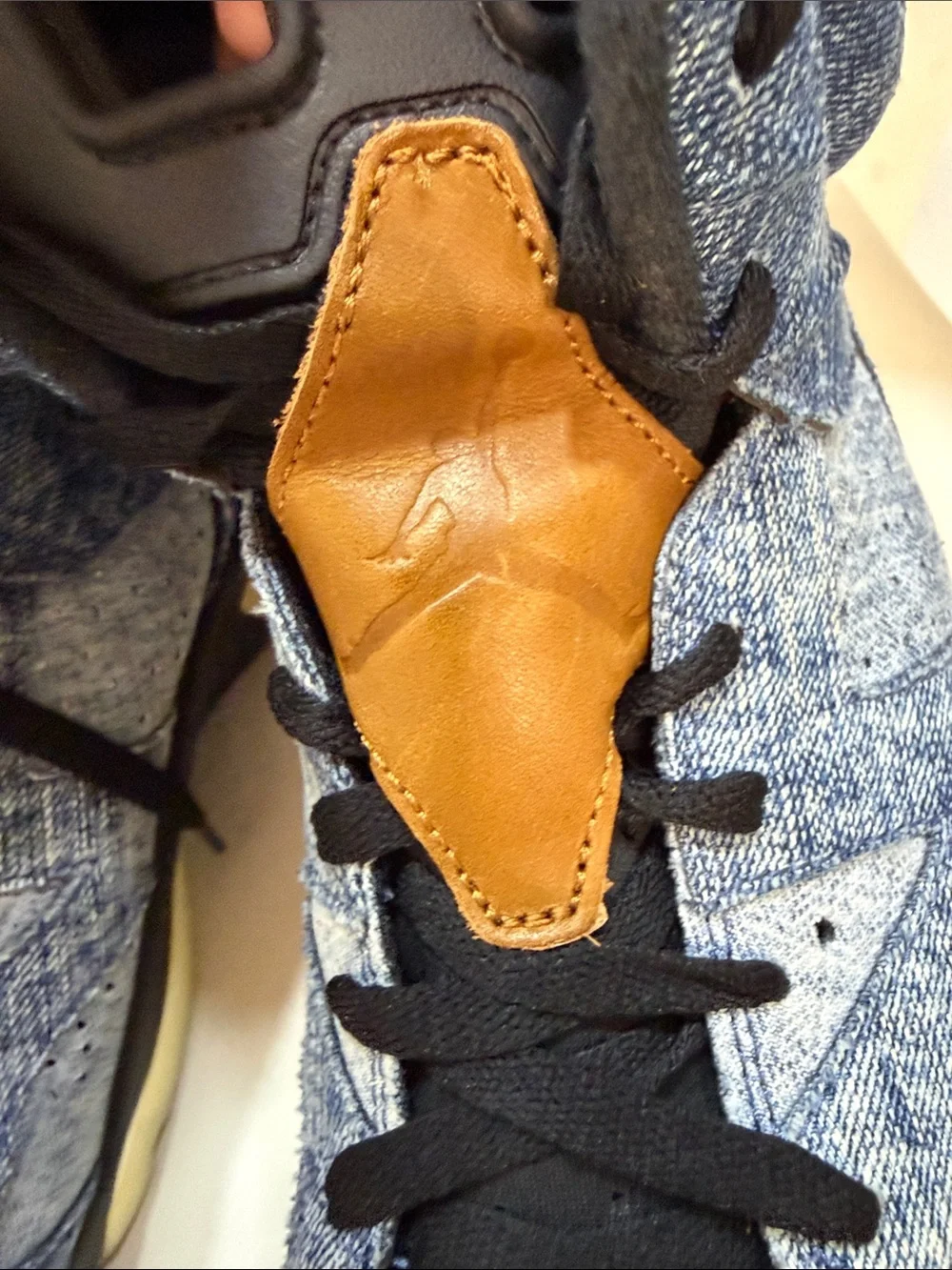 Nike High-Top Denim-Look Sneakers in Blue, Black & Tan with Red Lace Locks